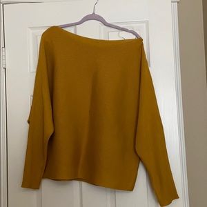 Off the shoulder mustard sweater